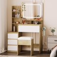 thumbnail image 4 of Coiffeuse Éclairée avec Miroir, Table de Maquillage avec Prise de Courant Intégrée, 4 Tiroirs, Étagères de Rangement et Tabouret pour Chambre, Naturel, 4 of 6