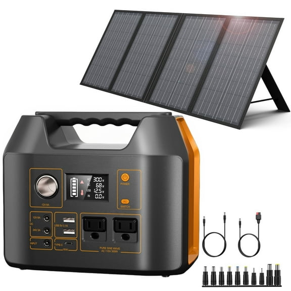 300W Portable Power Station with Foldable 40W Solar Panel, 296Wh Lithium Battery, Pure Sine Wave, AC/DC Outlets for Camping, RV, and Emergency Use