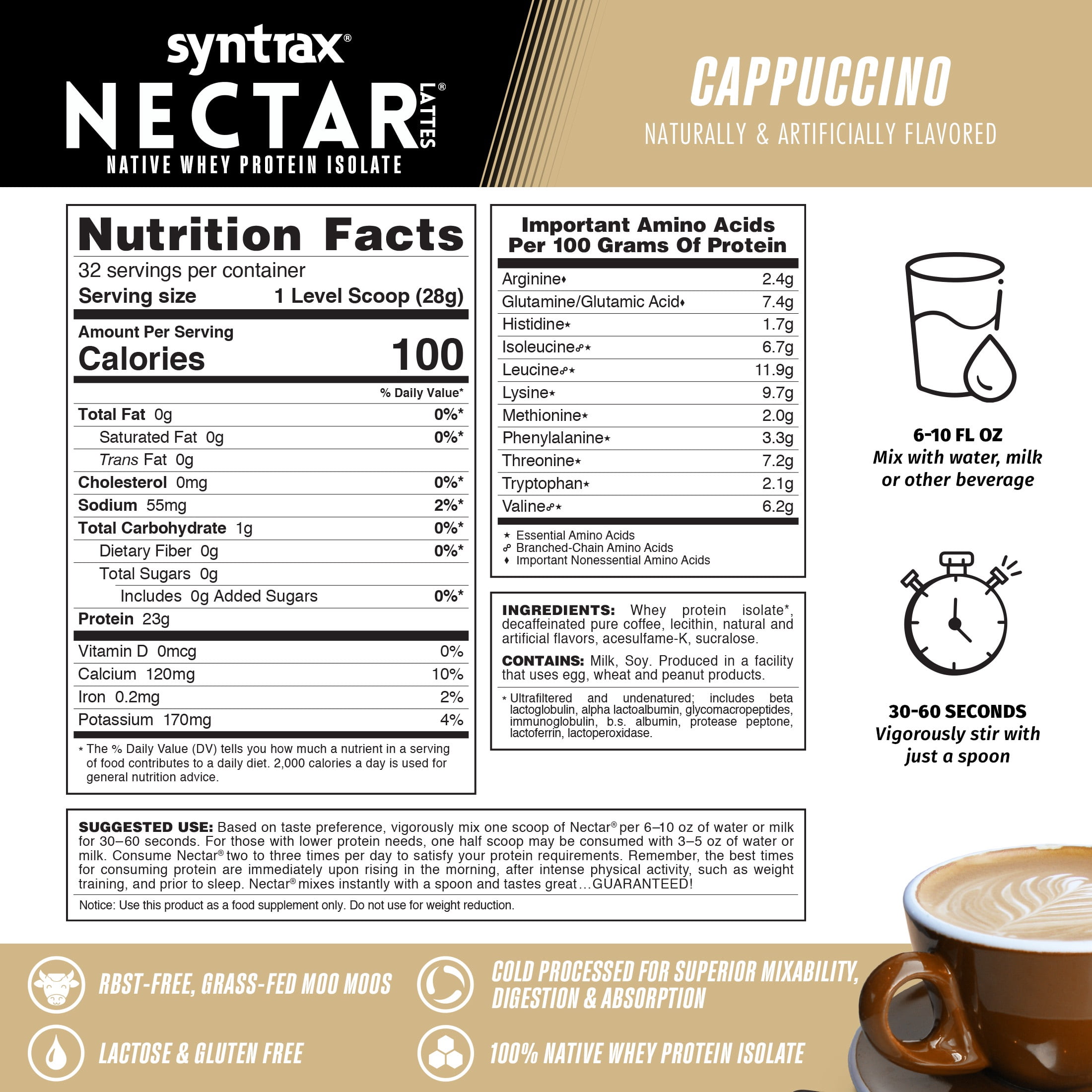 Syntrax Nectar Lattes, Cappuccino, 2 lb. Native Whey Protein Isolate Powder, Caffeine Free