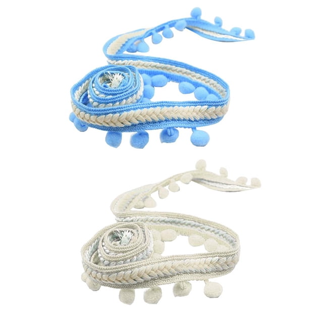 veasfak 2x 5 Yd Pompons Bobble Border / Bobble Ribbon - 3.5 Cm Wide Fringed Blue+White