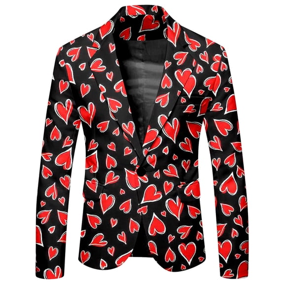 CONZONE Valentines Suit Jacket for Men Casual Men's Blazer Valentine's Day Love Heart Graphic One Button Elegant Slim Fit Dress Jacket for Performance,Prom,Wedding