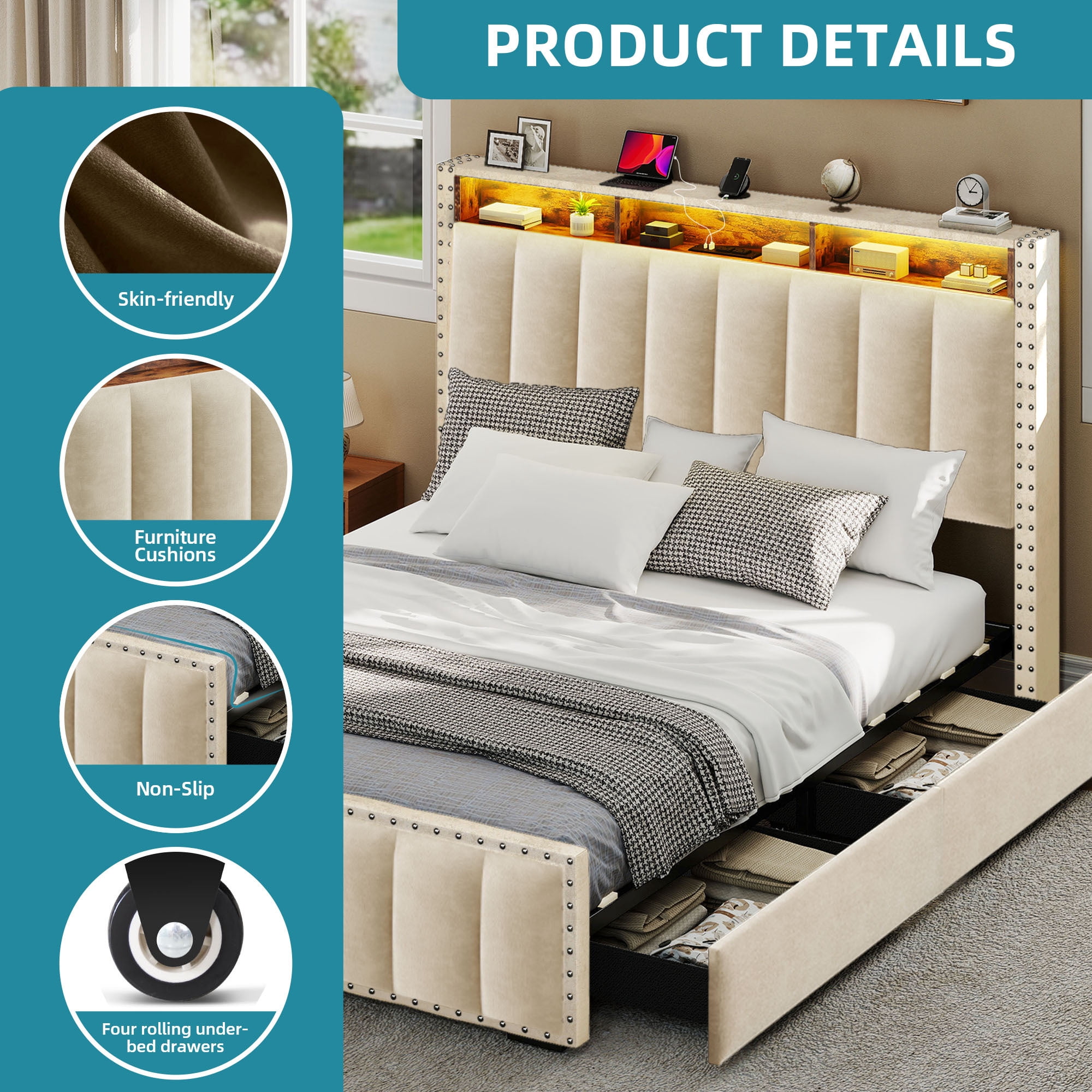 Uforic Full Size LED Velvet Upholstered Platform Bed, Storage Bed Frame with 4 Storage Drawers and Charging Station, Beige