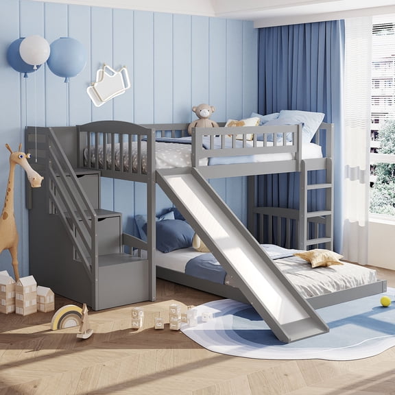 Stairway Twin over Twin Bunk Bed with Two Drawers and Slide, Gray