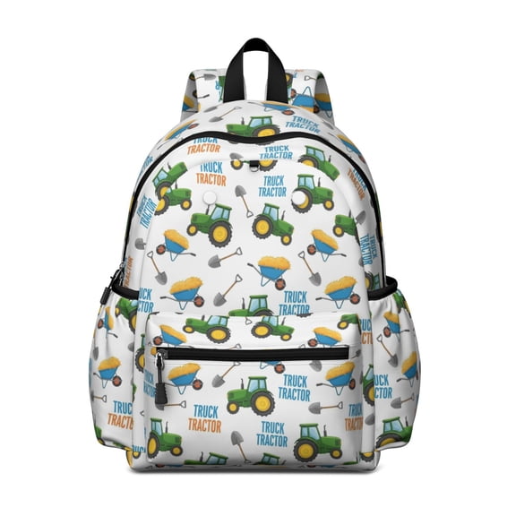 Tractor and Wheelbarrows White Pattern Backpack for School, Cute School Bag with Adjustable Shoulder Straps and Padded Back, 13.4"x11"x4.7"