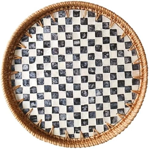 Round Rattan Tray with Mother of Pearl Inlay, Decorative Wicker Serving Tray with Wooden Base, Woven Basket Trays for Bread Fruits Coffee, Checkered