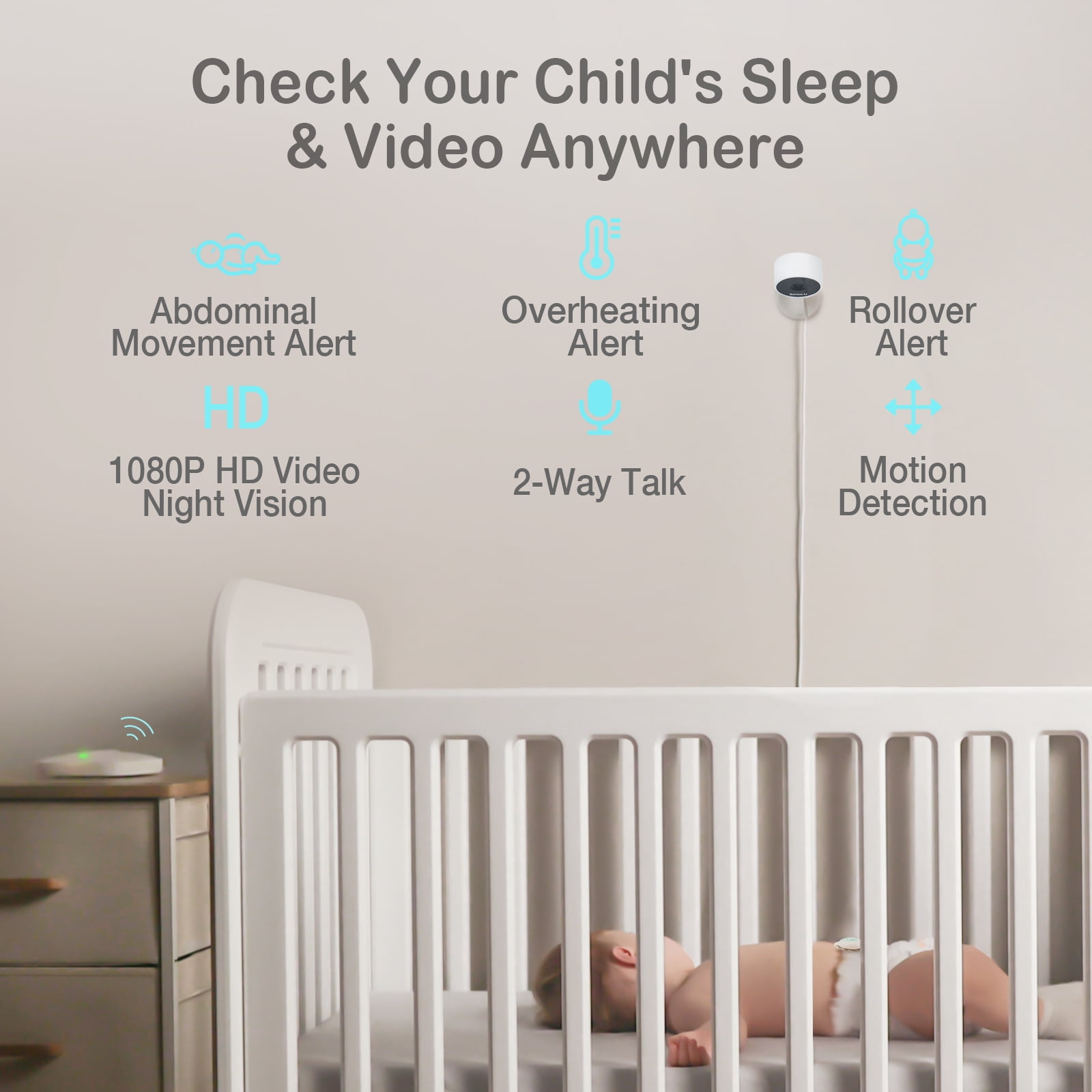 Sense-U Smart Baby Monitor 3+Camera, Audio, Video Baby Monitor That Notifies You for No Abdominal Movement, Rollover, High/Low Temperatures, Detected Motion, with Night Vision, 2-Way Talk, Long Range