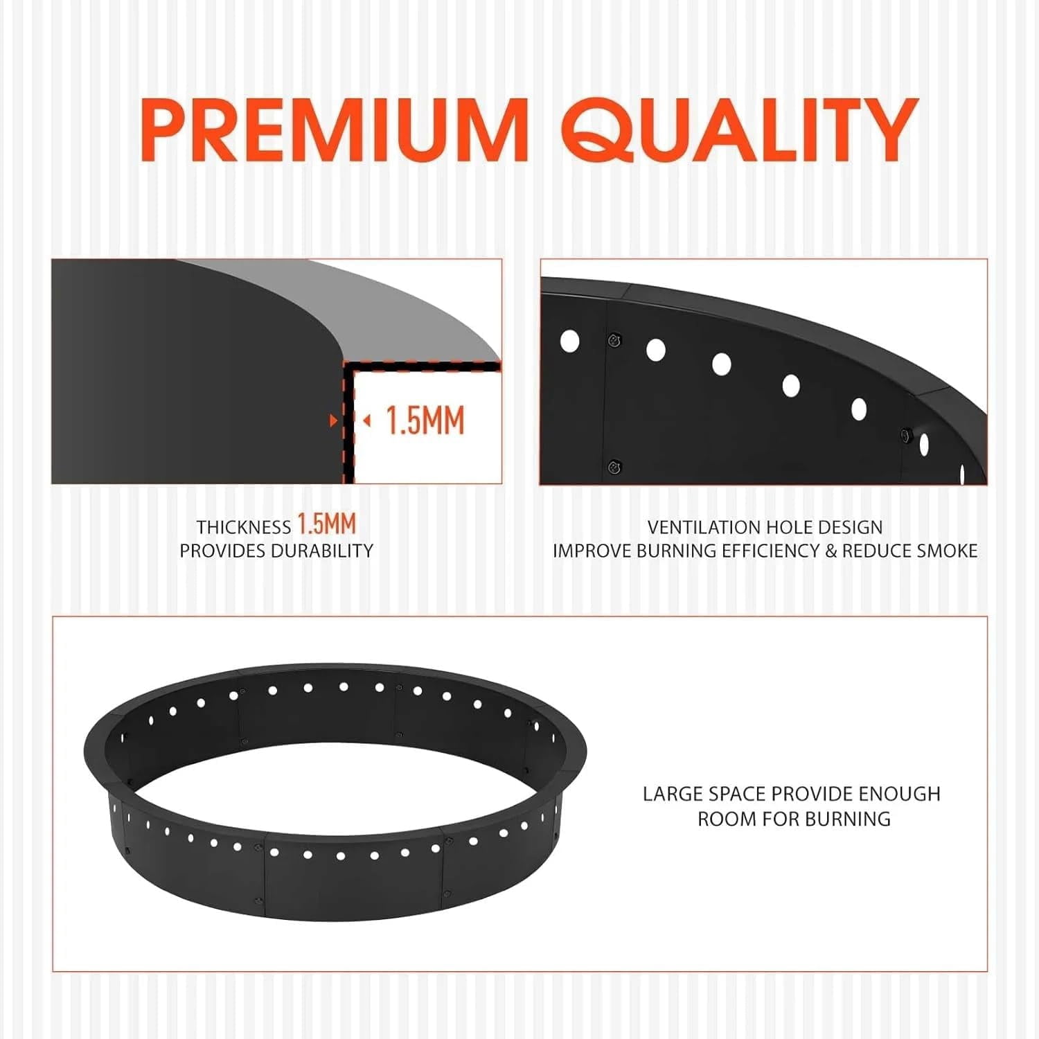 60 Inch Smokeless Fire Pit, Made of Carbon Steel, Outdoor Round Garden Fire Pit with Ventilation Holes, DIY Campfire Ring, Suitable for Burning Firewood