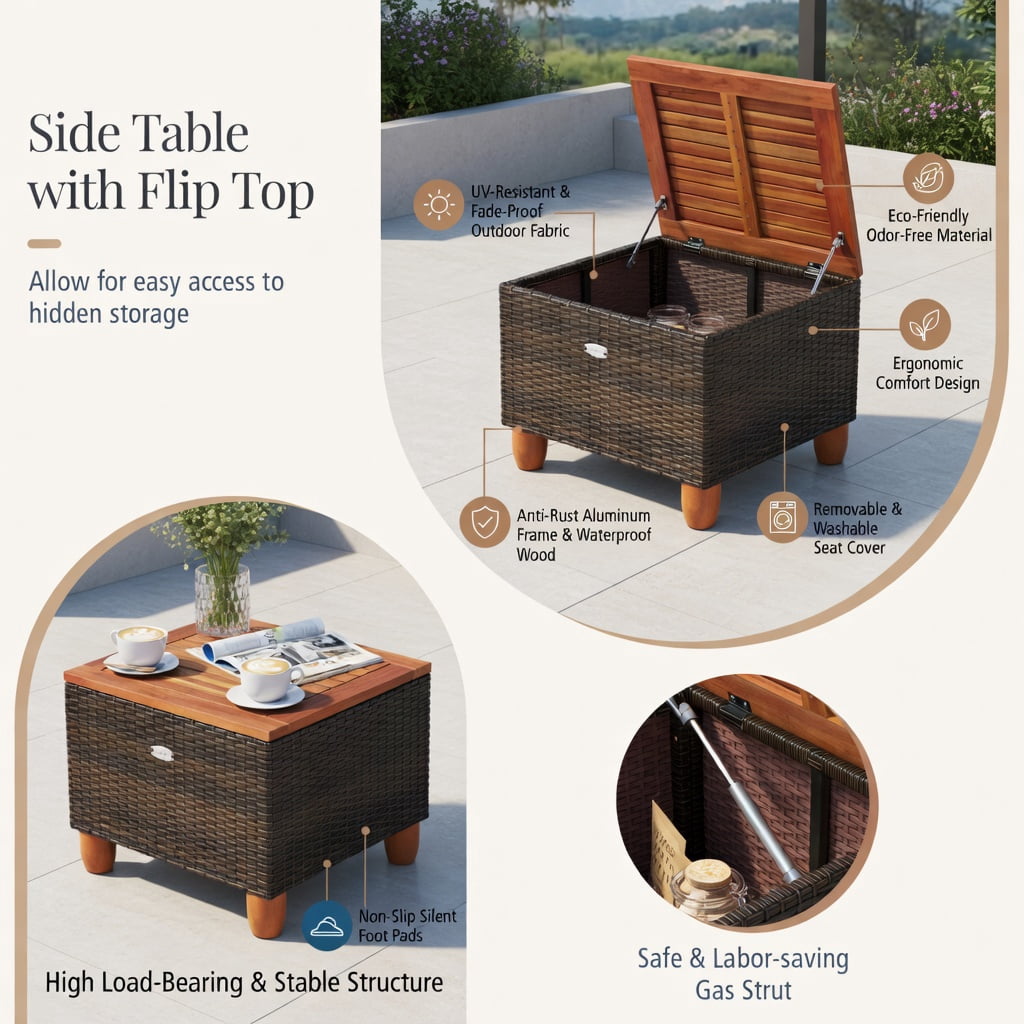Hommoo 3-Piece Outdoor Rattan Bistro Set with Acacia Wood Table, Patio Chairs & Coffee Table for Balcony, Porch, Garden, Gray