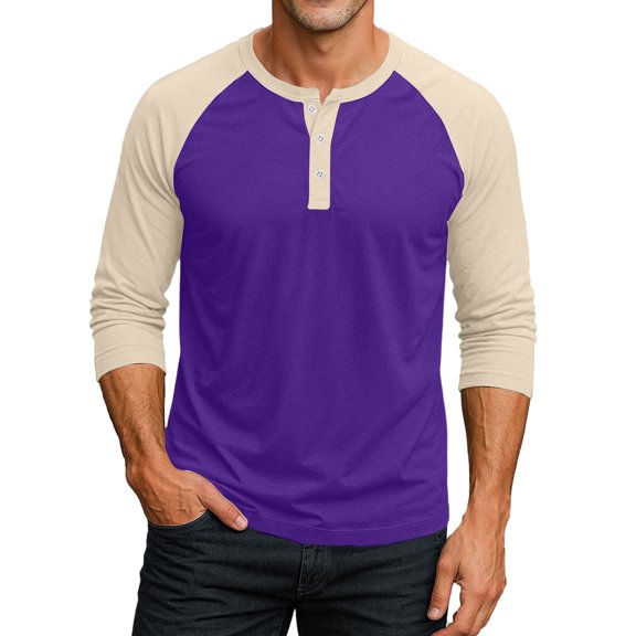 Dwelliawo Men's Henley T-Shirts Long Sleeve Sport Athletic Tops Casual Basic Shirt Baseball Shirt Men Henley Shirt with Colorblock Design for Casual Wear Purple 3xL
