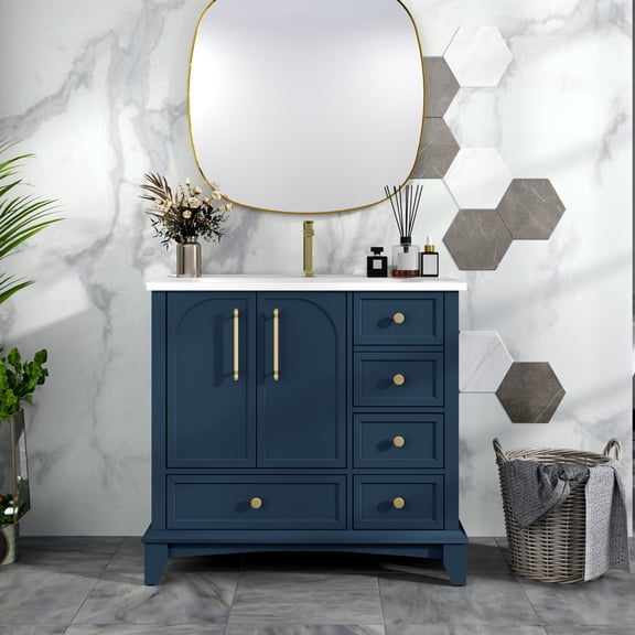 35.6" Modern Bathroom Vanity Sink, Freestanding Bathroom Vanity Cabinet Set, Vanity Cabinet with Drawers & Metal Handles, Blue
