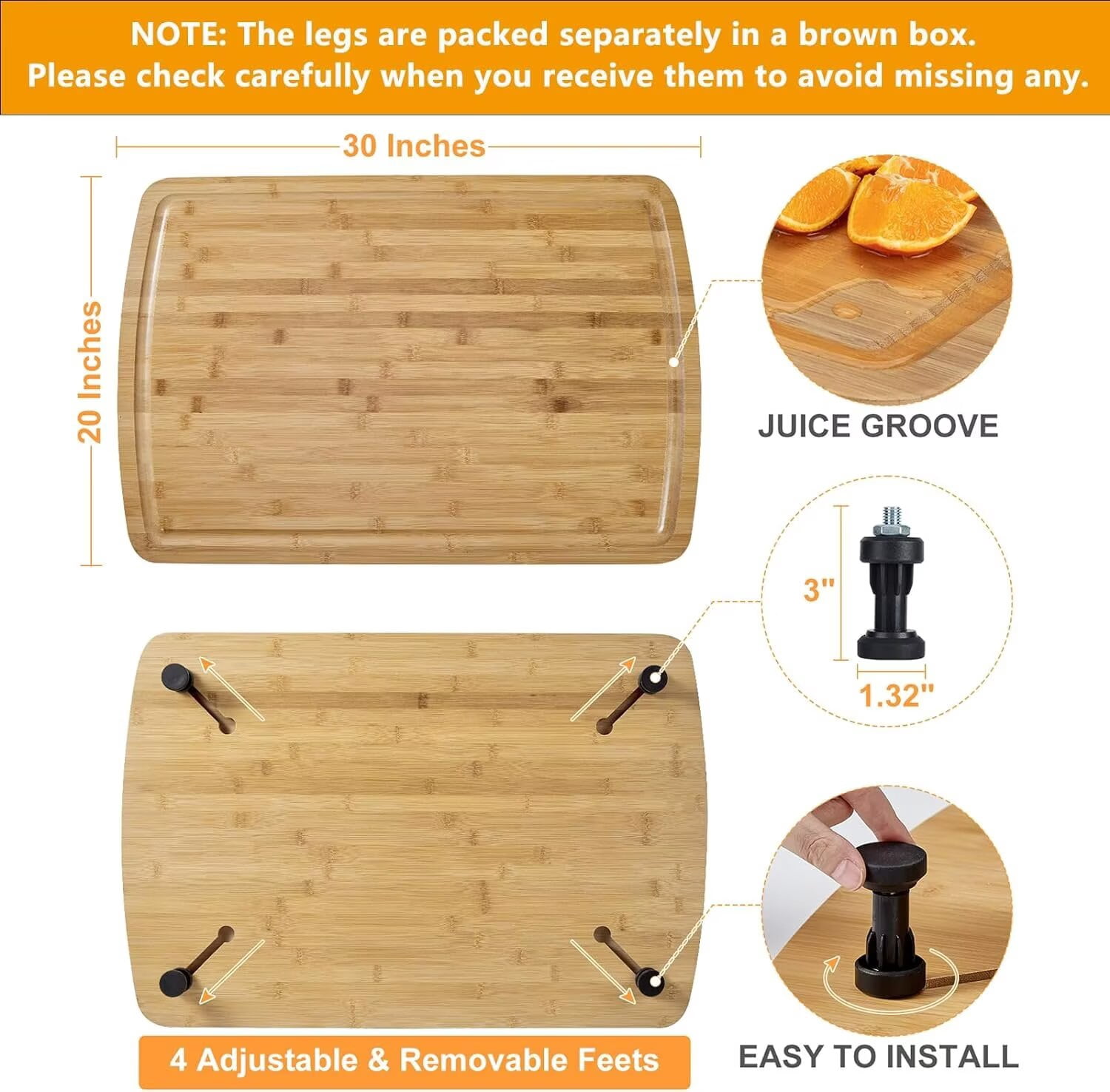 Garvee Noodle Board Stove Cover with Removable Legs, 30" x 20" Extra Large Countertop Bamboo Cutting Board, Wood Stove Top Covers for Electric Stove Gas Burners RV