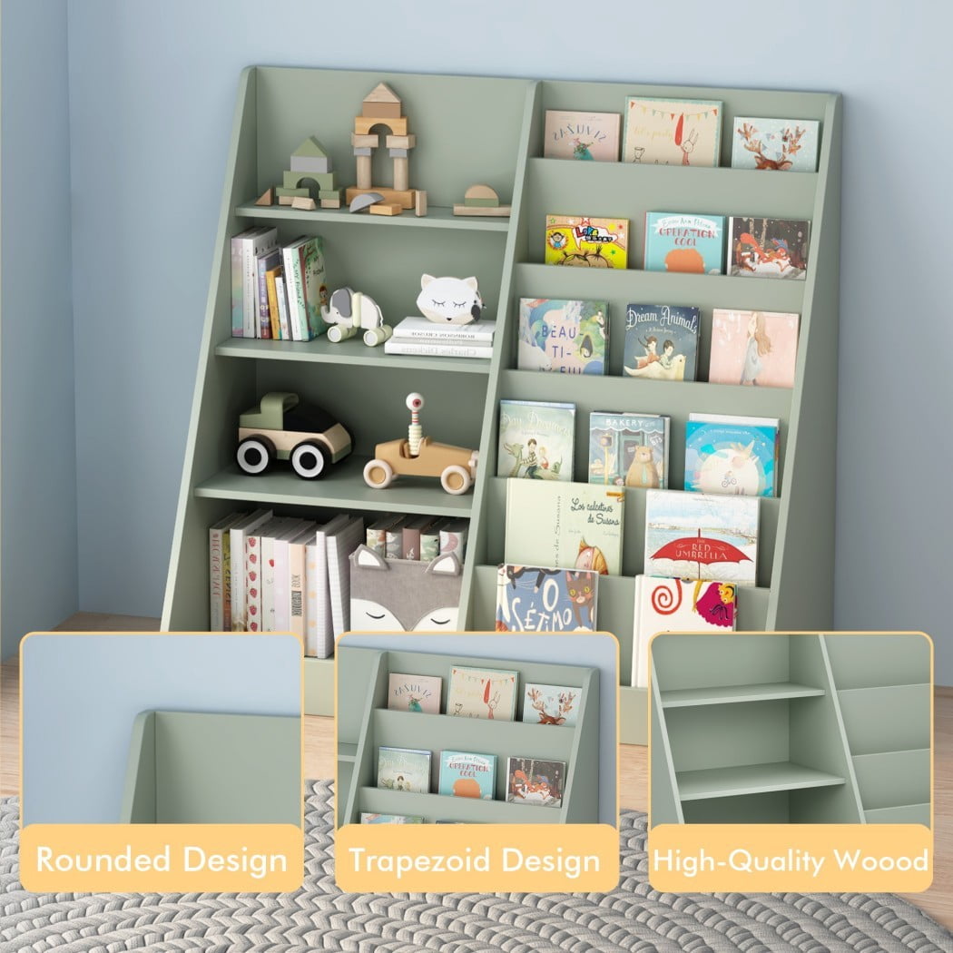 Kids Bookshelf and Toy Storage Organizer, Wooden Kids Bookcase with Multi-Level Shelves & Toy Storage, Children's Book Display Stand for Playroom, Nursery & Kids Room, Sage