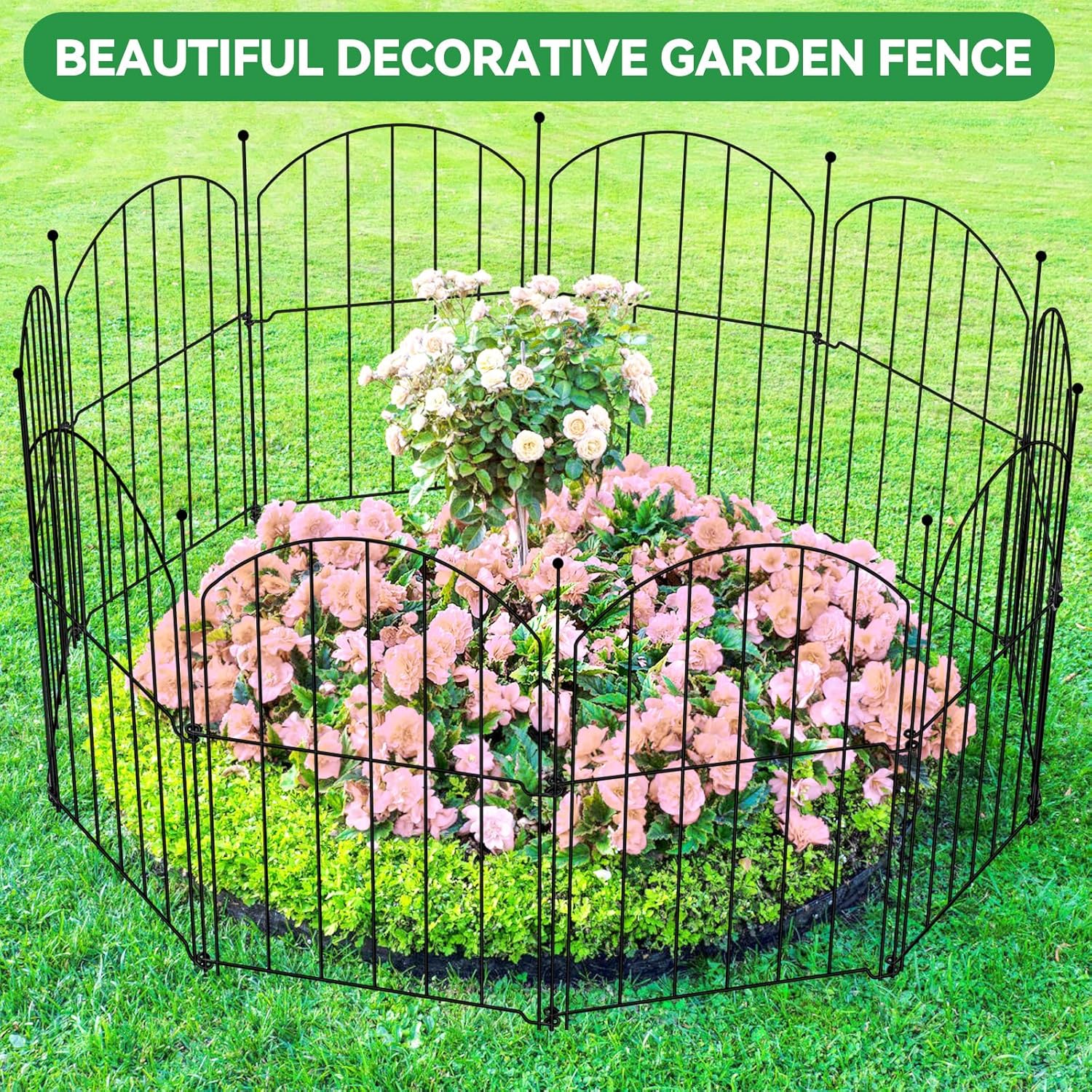 Decorative Arch Garden Fence 25 Panels, 17'' H x 26.7FT L, No- Animal Barrier with Rustproof Stakes - Easy Install & Sturdy Design