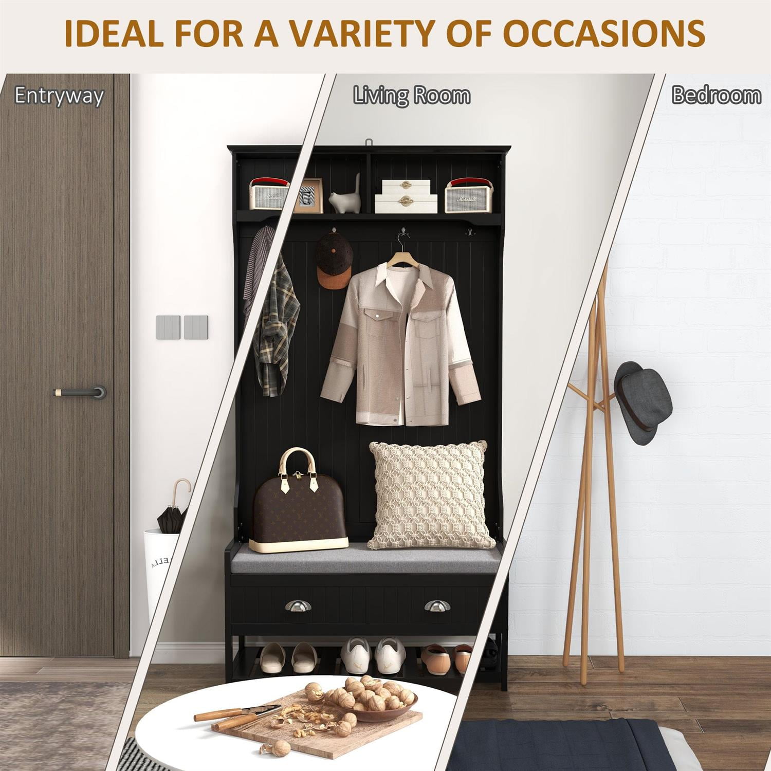 Demi Bonn 67" Hall Tree Bench with Coat Rack and Shoe Storage for Entryway and Mudroom, Padded Seat and Multi-Functional Storage for Hallway, Black