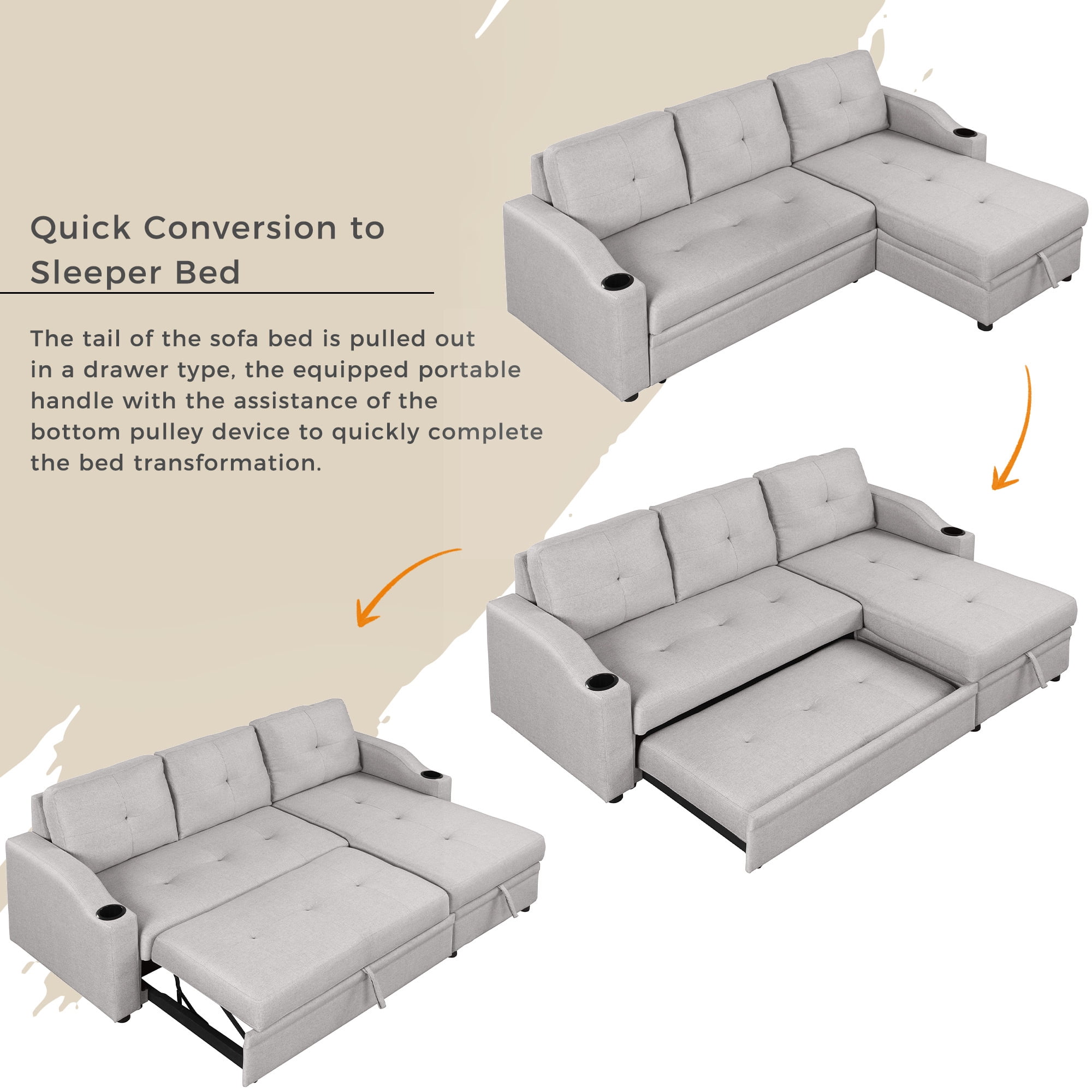 Aukfa Sofa Bed, Sleeper Sofa, 2 in 1 Pull Out Bed with Storage Chaise for Living Room, Linen, Gray