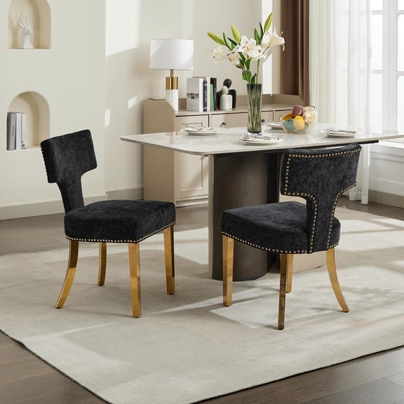 Mid Century Modern Dining Chairs Set of 2, Farmhouse Chenille Fabric Upholstered Accent Chair Curved Backrest with Copper Nails around,Kitchen Chairs with Golden Stainless Steel Plating Legs, Black