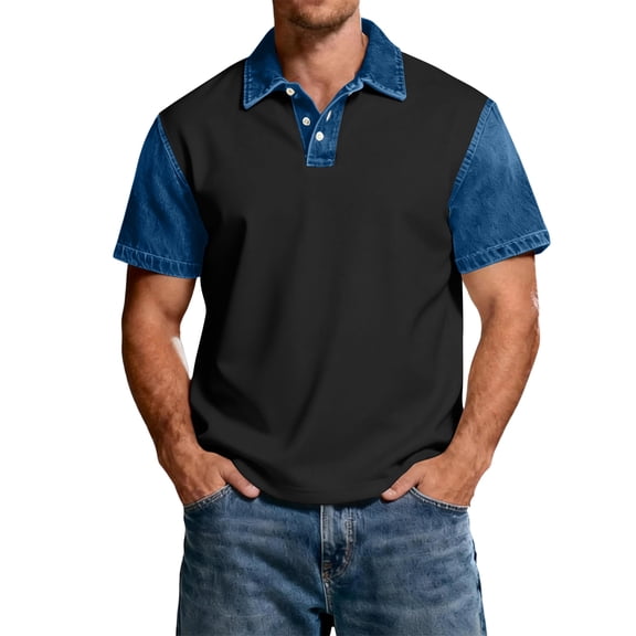 Men's Summer Casual Polo Shirts Contrast Denim Collar Short Sleeve Color Block Work & Daily Tops Dark Gray 2XL