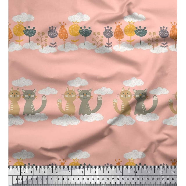 Soimoi Modal Satin Fabric Floral,Clouds & Cat Kids Print Sewing Fabric Yard 42 Inch Wide