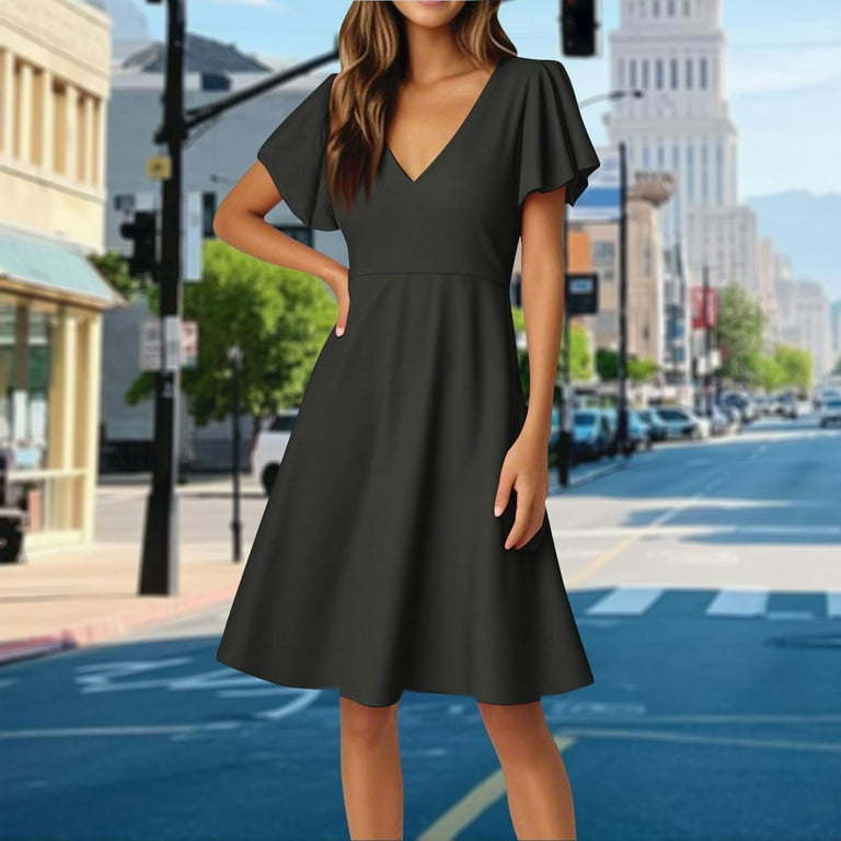 Uocefik Women's Ruffle Short Sleeve Deep V Neck A Line Swing Flared Cocktail Party Midi Dress Dark Gray S, Size: Small