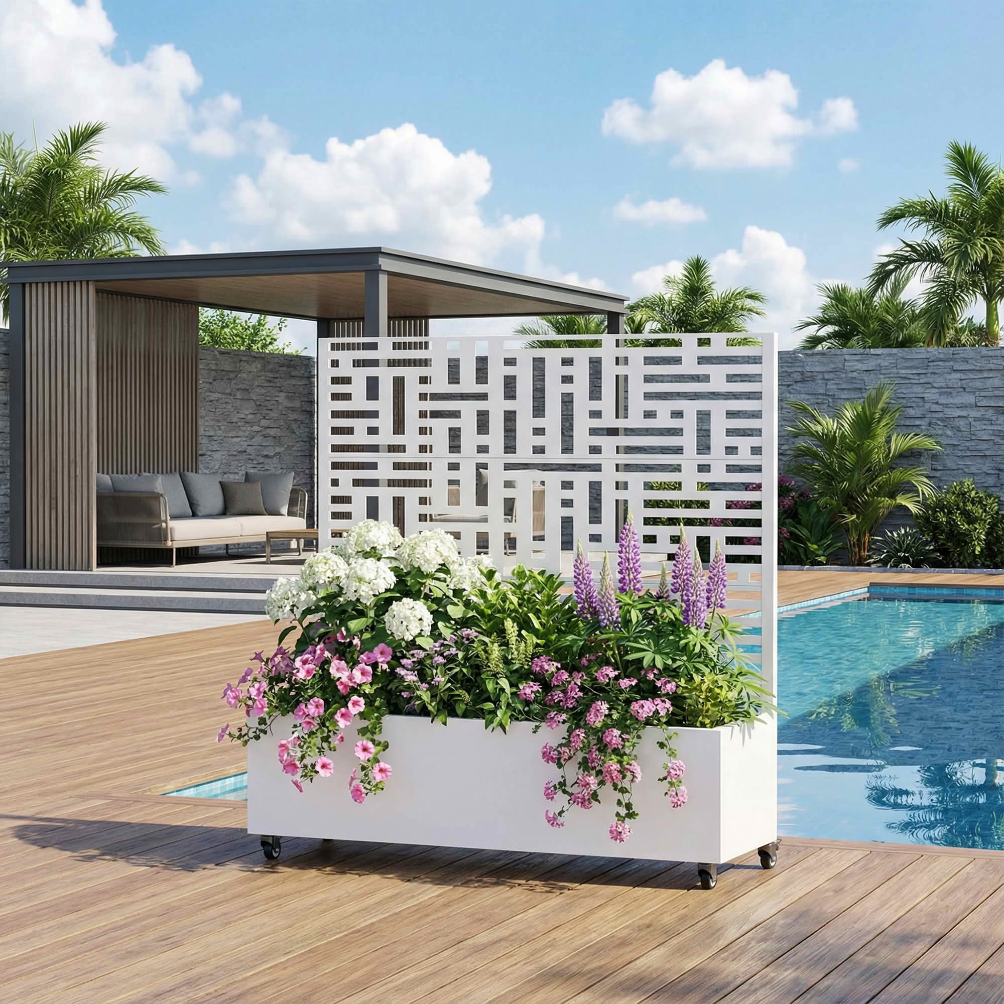 MAYEERTY 47X47" Metal Outdoor White Privacy Screen with Planter Box for Backyard & Garden, 3 Piece Set