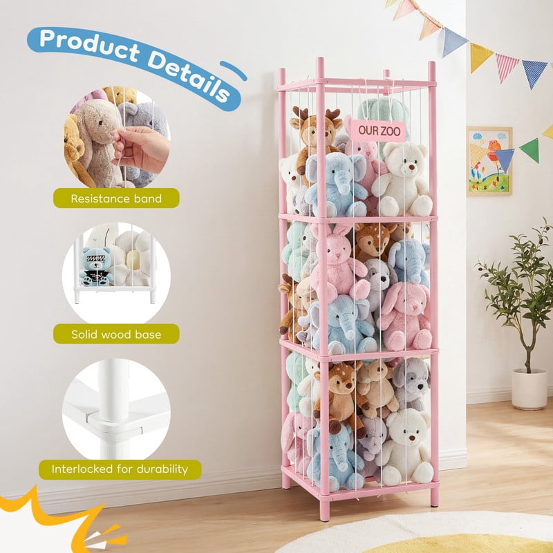 Gianna Stuffed Animal Storage, 54-Inch Plushies Storage, Features Solid Wood Frame & Secure Elastic Nets, Ideal for Toy Organizers in Playroom, Bedroom, or Nursery，Pink