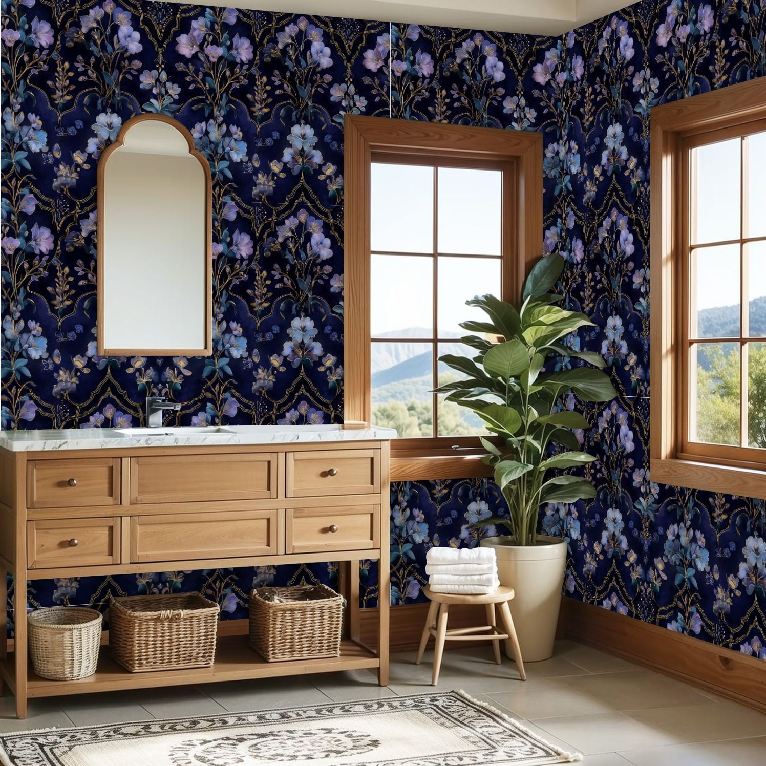 Boho Peel and Stick Wallpaper Elegant Blue Purple Floral Gold Accents Dark Wall Mural 23.6in x 9.8ft Self Adhesive Removable Wall Paper Renter Friendly Wallpaper for Nursery Bedroom Cabinets