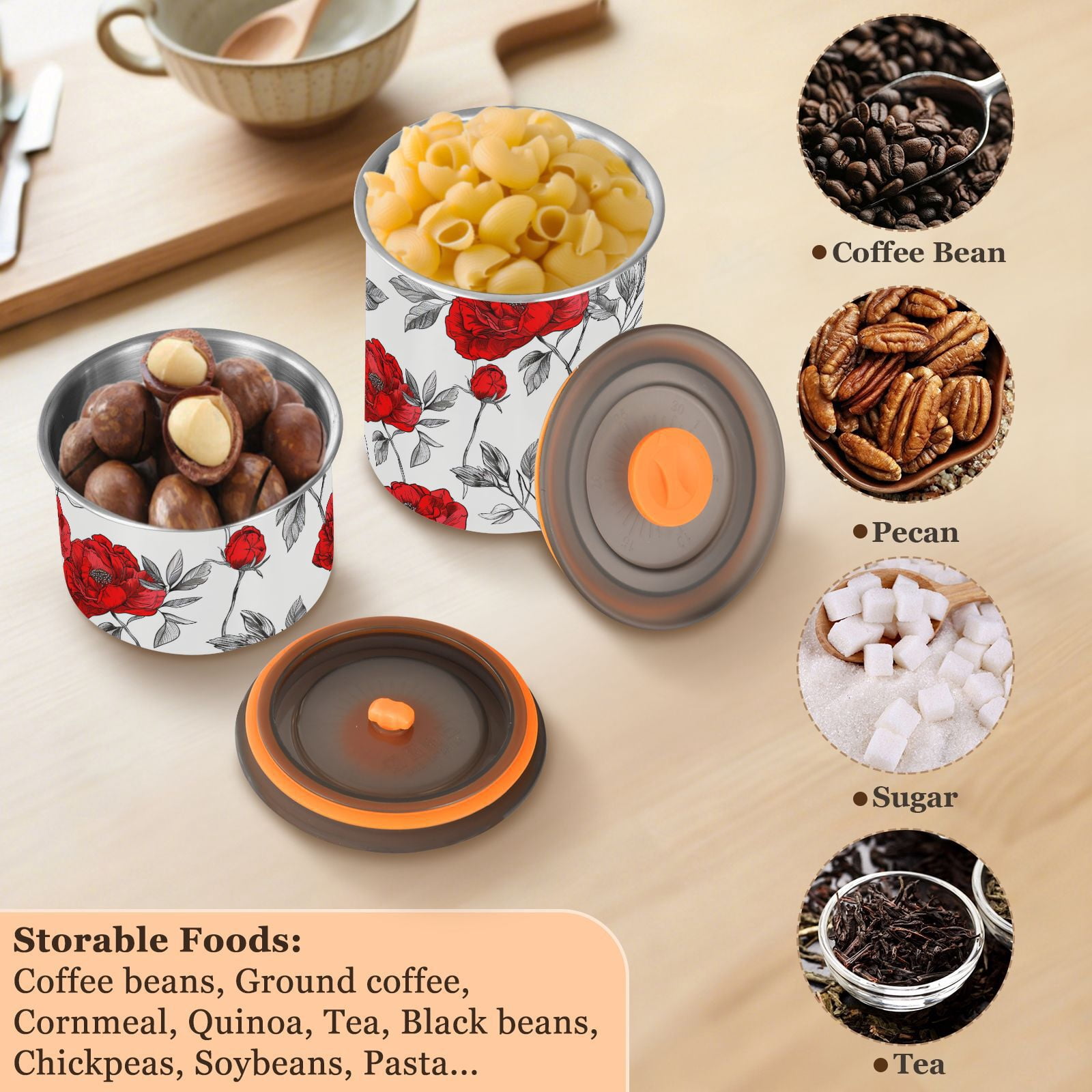 Red Peony Flowers Airtight Coffee Bean Canister 30oz Food Storage Containers with Lids For Gournd, Tea, Sugar, Flour, Rice, Cereal, Candy Cookie Jar