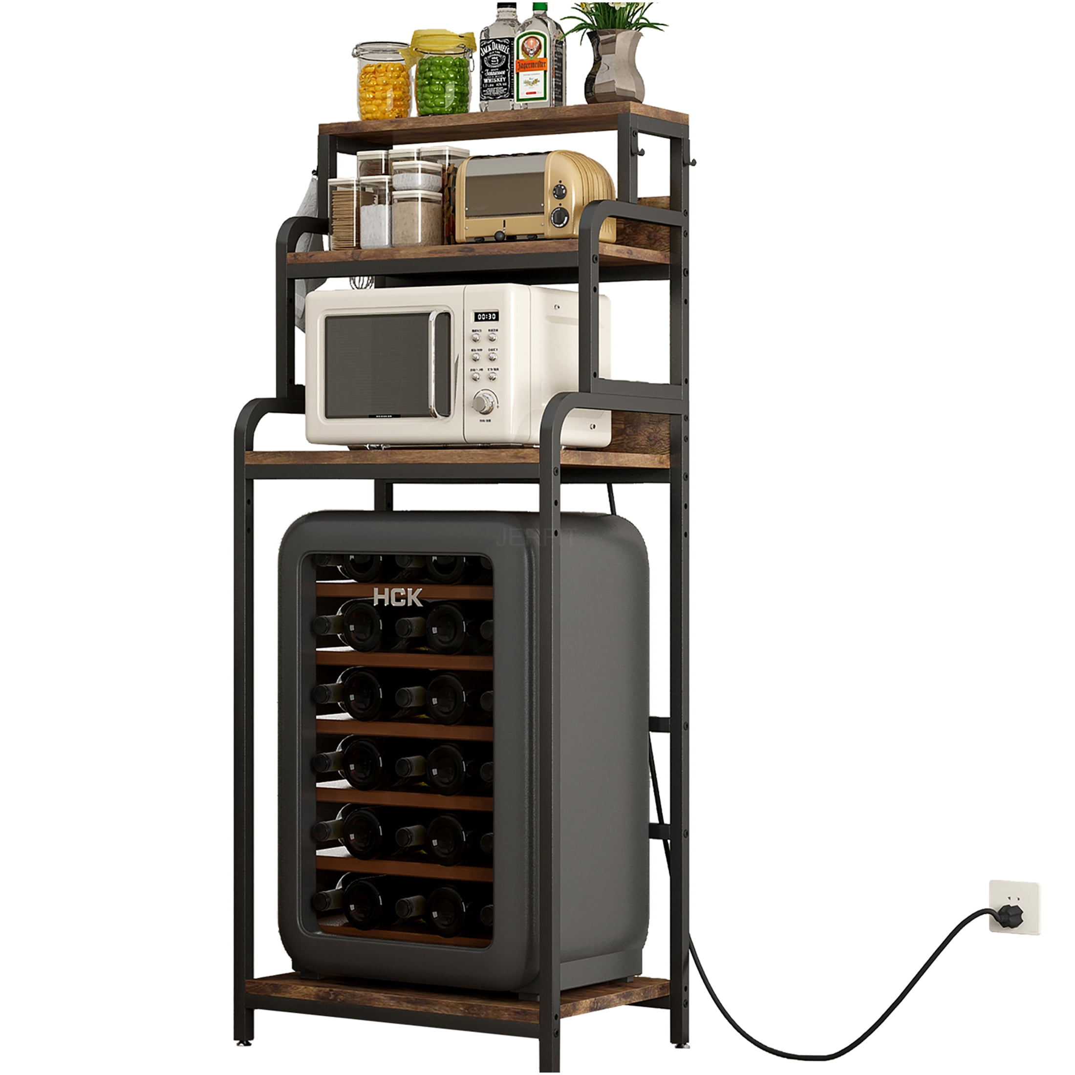 JERFIT 4-Tier Kitchen Storage Cart with Mini Fridge Stand, Microwave Rack & Adjustable Shelves, 200lb Capacity, Walnut Brown