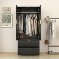 thumbnail image 3 of Lumiinofami 2 Door Armoire for Bedroom, Fluted Tall Wardrobe with 2 Drawers and Hanging Rod, Closet Storage Organizer, Black, 3 of 10