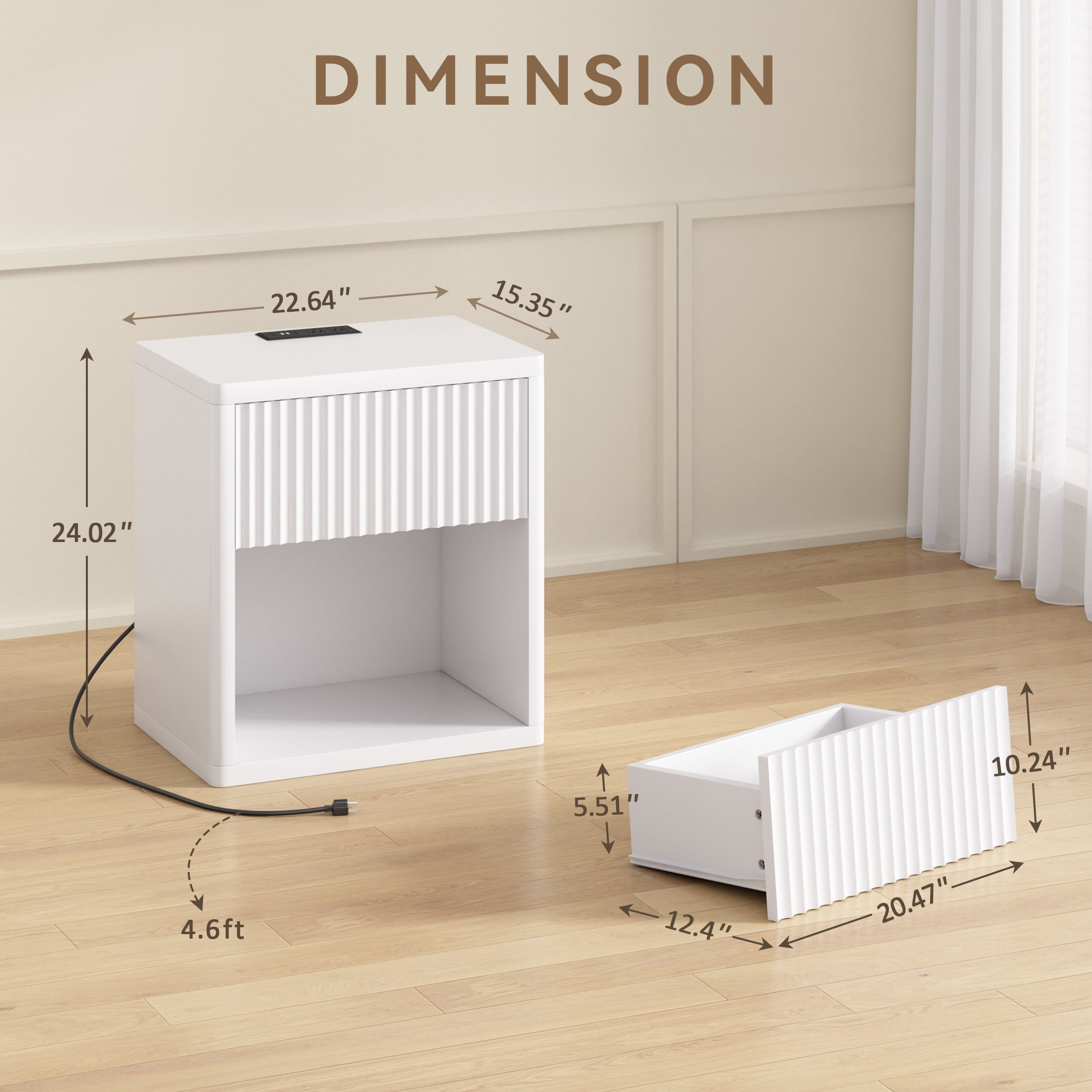 POLAHAKU Nightstand with Drawer USB Charging Station Storage Fluted Bed Side Table End Table Large Modern Wide Bedside Stand Mid Century for Bedroom Living Room Sofa Couch, White
