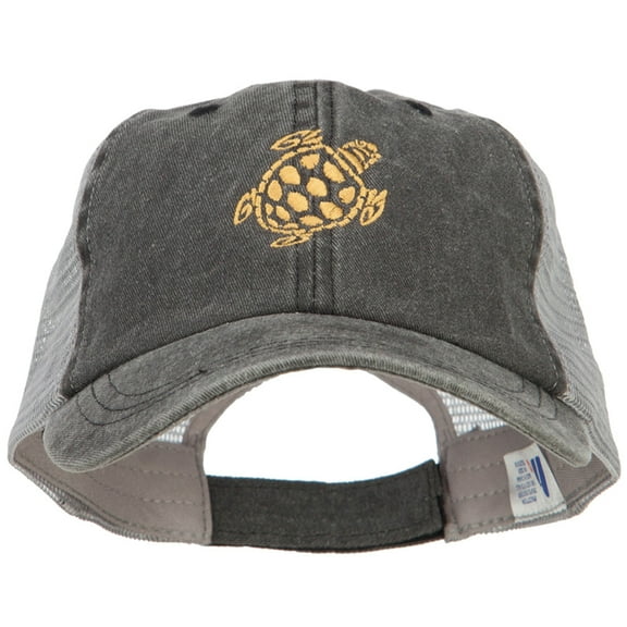 Turtle Shape Embroidered Washed Trucker Cap - Black Grey OSFM