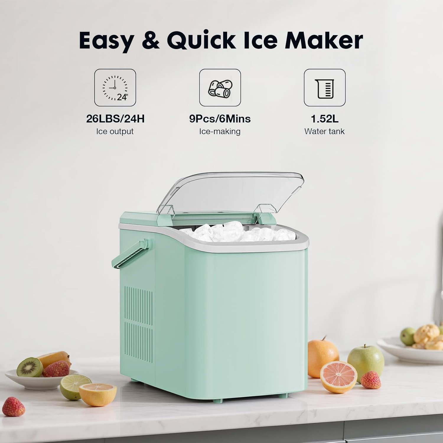 Countertop Ice Maker with Scoop and Basket, Portable Ice Machine Makes 9 Cubes in 6 Minutes, 26.5lbs per Day, 2 Cube Sizes for Home Kitchen Office Bar, Green