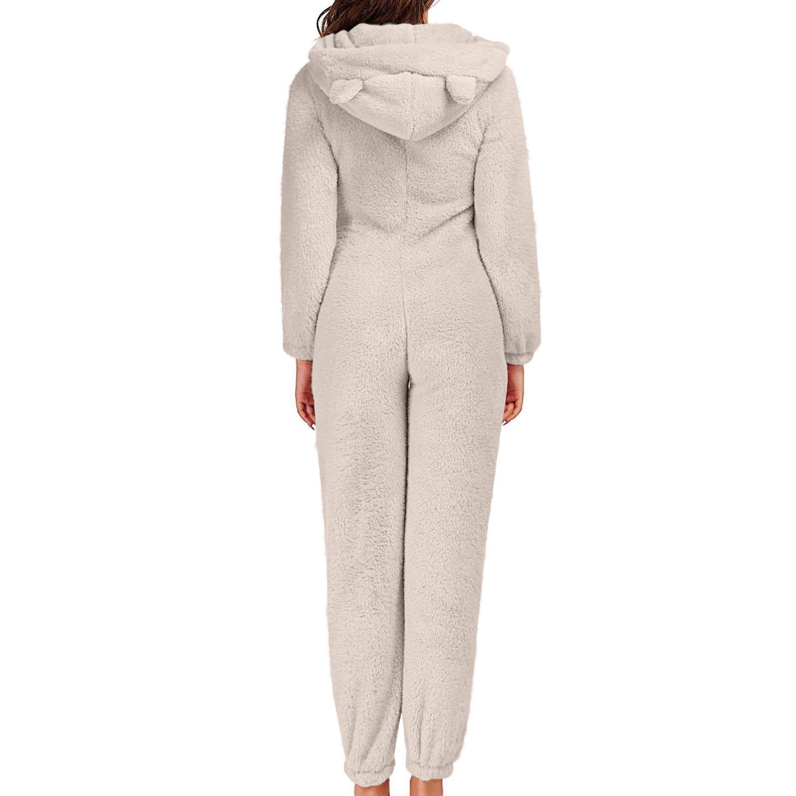 Xdegoge Fleece Jumpsuit Women Fuzzy One Piece Romper Zipper Long Sleeve Teddy Ears Jumpsuits Winter Warm Lounge Pajamas Loungewear with Pockets