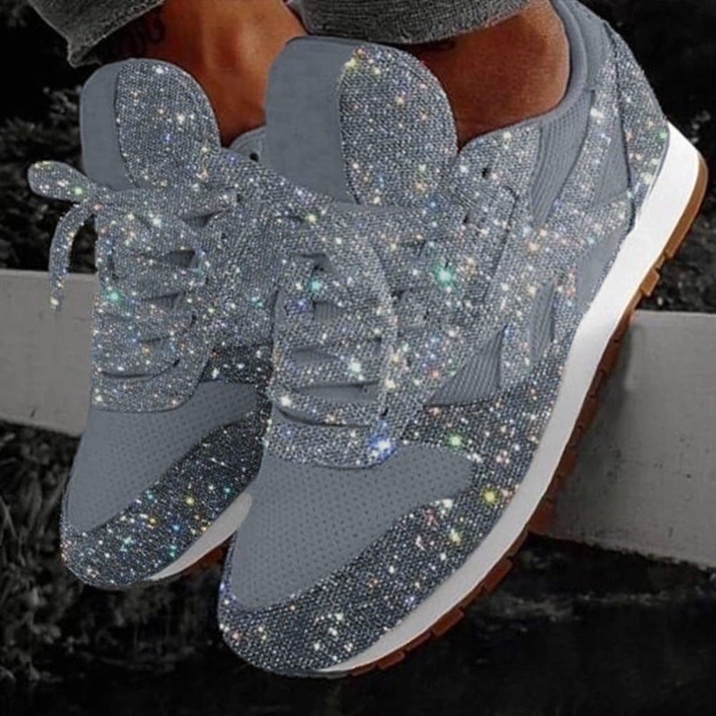 Women Wedge Platform Sneakers Soft Breathable Crystal Bling Lace Up Running Casual Athletic Shoes Sports Shoes 