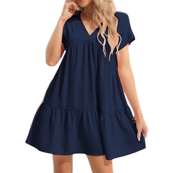 Summer Women V Neck Flowy Babydoll Dresses Short Sleeve Swing Shift Loose Casual Mini Dress