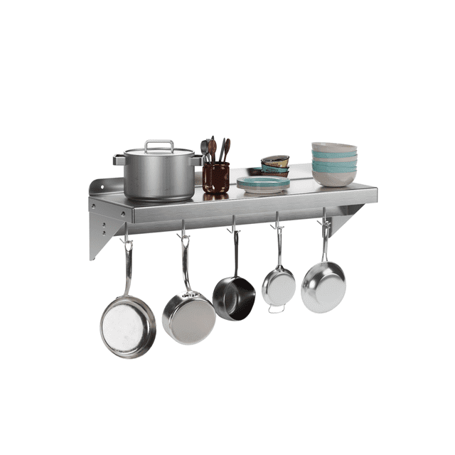 Bingirl Stainless Steel Wall Mount Shelf 12 X 24 Inch. NSF Certified Shelf With 5 Hooks. 180 Lb Load Capacity Floating Shelf Kitchen Storage Racks Commercial Shelves For Restaurant. Hotel And Garage