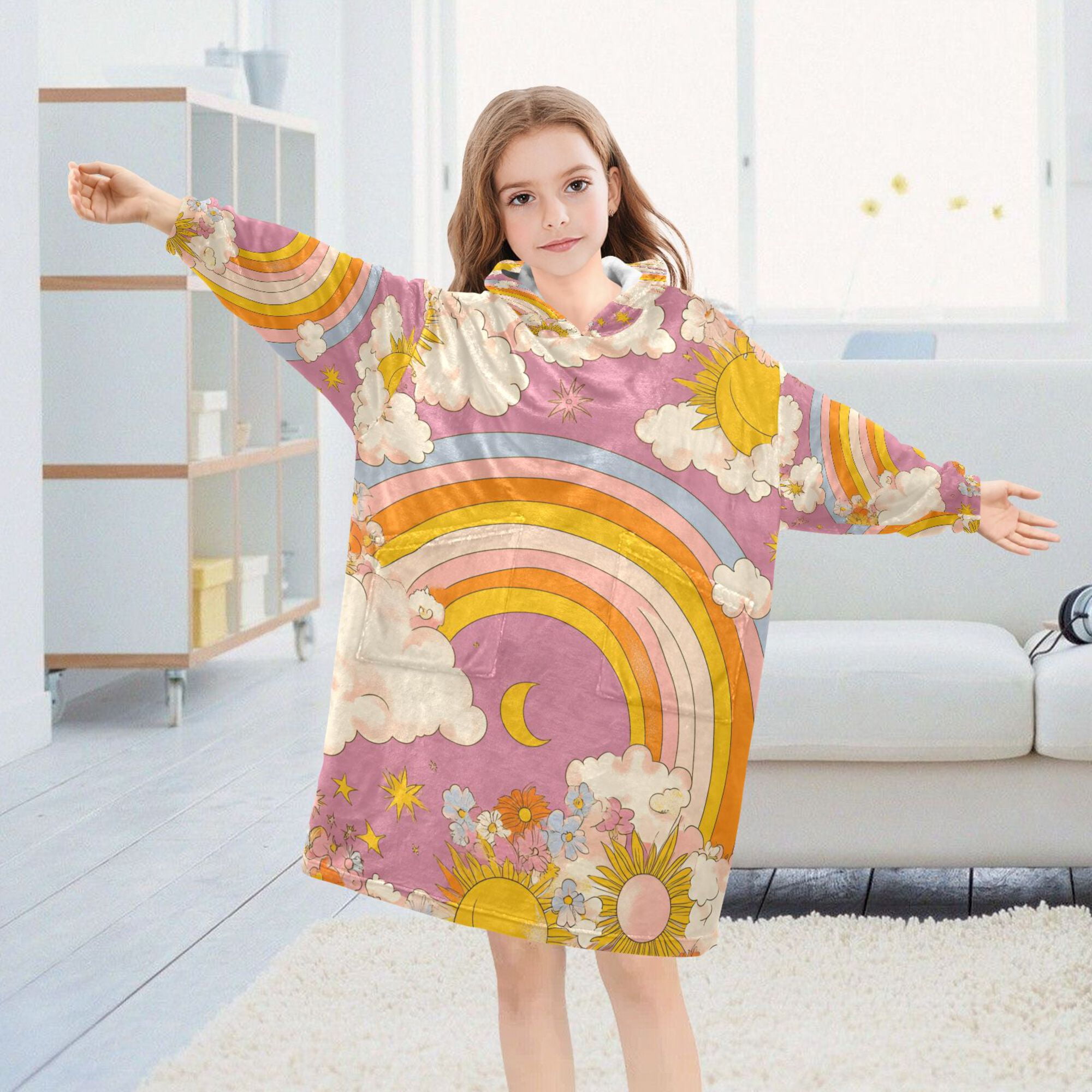 FORMRS Wearable Blanket Hoodie with Sleeves for Kids Cozy Flannel Sweatshirt, Purple Retro Rainbow