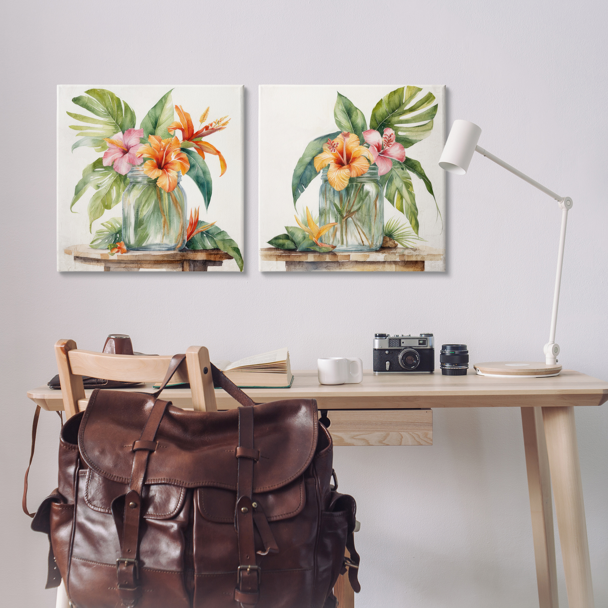 Stupell Industries Tropical Hibiscus Floral Jar Plants & Flowers Painting Wrapped Canvas Art Print Wall Art, 24 x 24, Set of 2