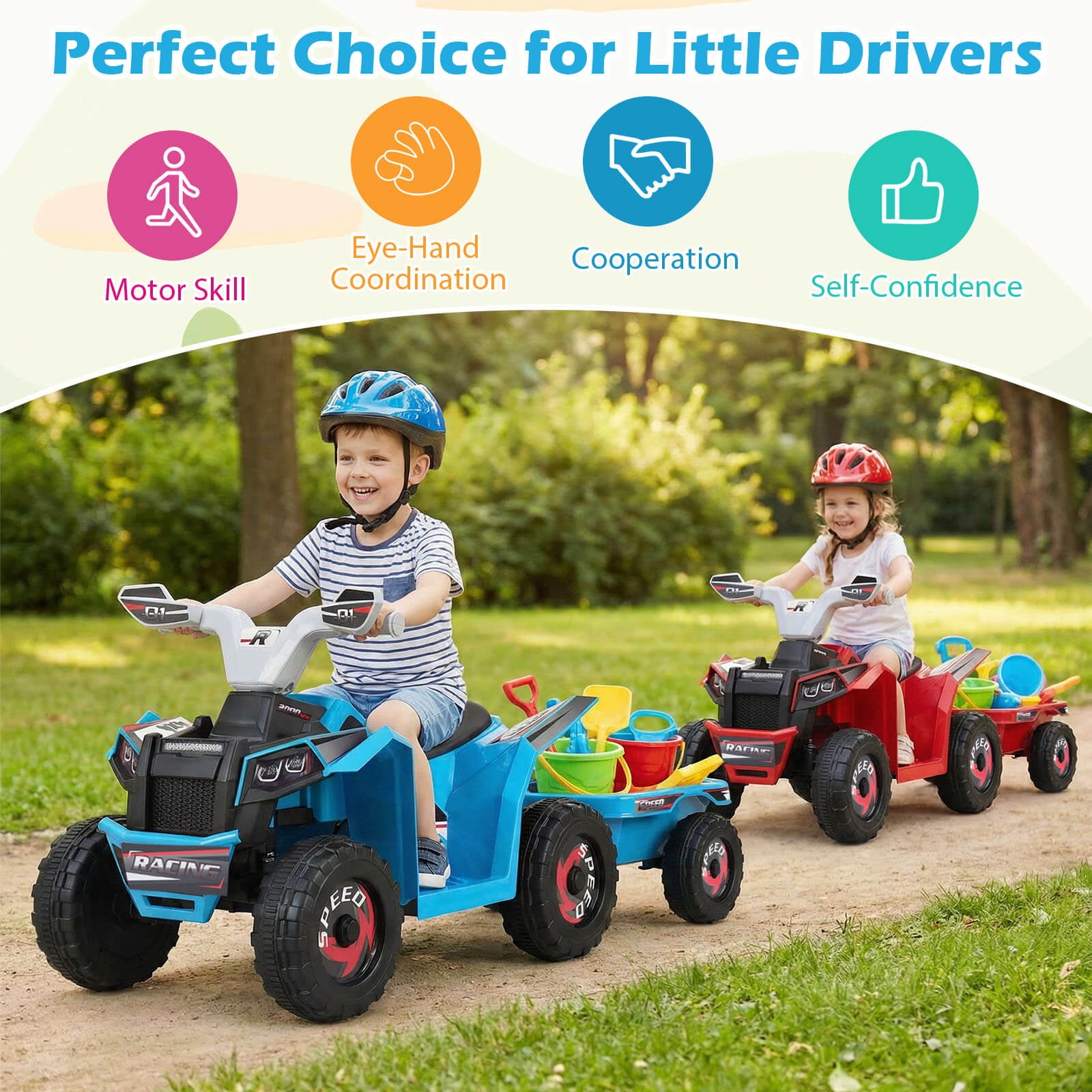 Costway Kids Electric ATV Car, 6V Battery-Powered Ride on Toy wirh Removable Back Trailer Blue