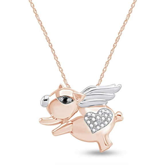AFFY Black & White Diamond Flying Pig Womens Pendant Necklace 14k Rose Gold Over 925