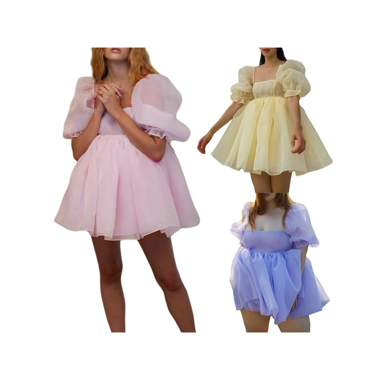 Women Puffy Tulle Mini Dress Square Neck Bubble Sleeve Princess Dress  Romantic Ruffle Mesh Dresses 