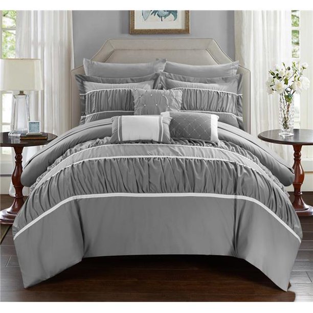 Penelope Pleated & Ruffled Bed in a Bag Comforter Set with Sheets Grey Queen 10 Piece
