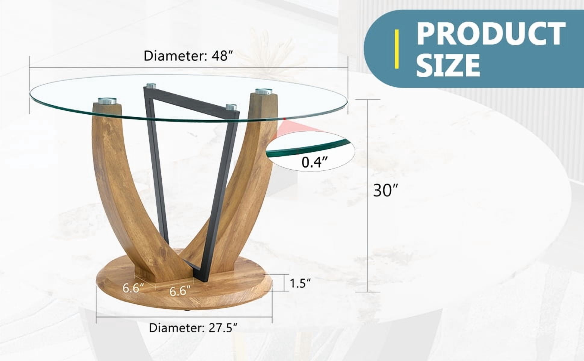 Table de salle à manger ronde Noble House 122 cm, plateau en verre trempé 1 cm d'épaisseur, transparent et bois