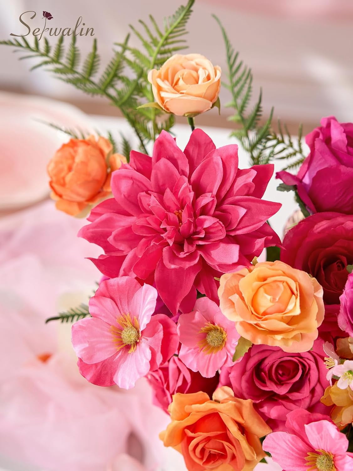 Artificial Hot Pink & Orange Flowers, Magenta Silk Fake Flowers for Wedding Bouquet