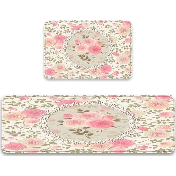 Vintage Floral Shabby Chic Roses Lace Frame Kitchen Rug Set 2 Piece Pink Flower Bouquet with Green Leave Comfort Floor Mats Washable Doormat Anti Fatigue Non-Slip Chef Runner Rugs Bedroom Area Carpet