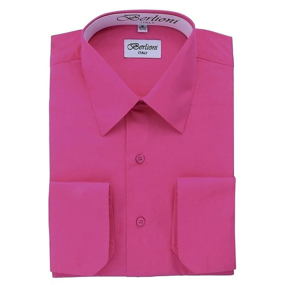 Berlioni Italy Men's Convertible Cuff Solid Long Sleeve Dress Shirt Fuchsia