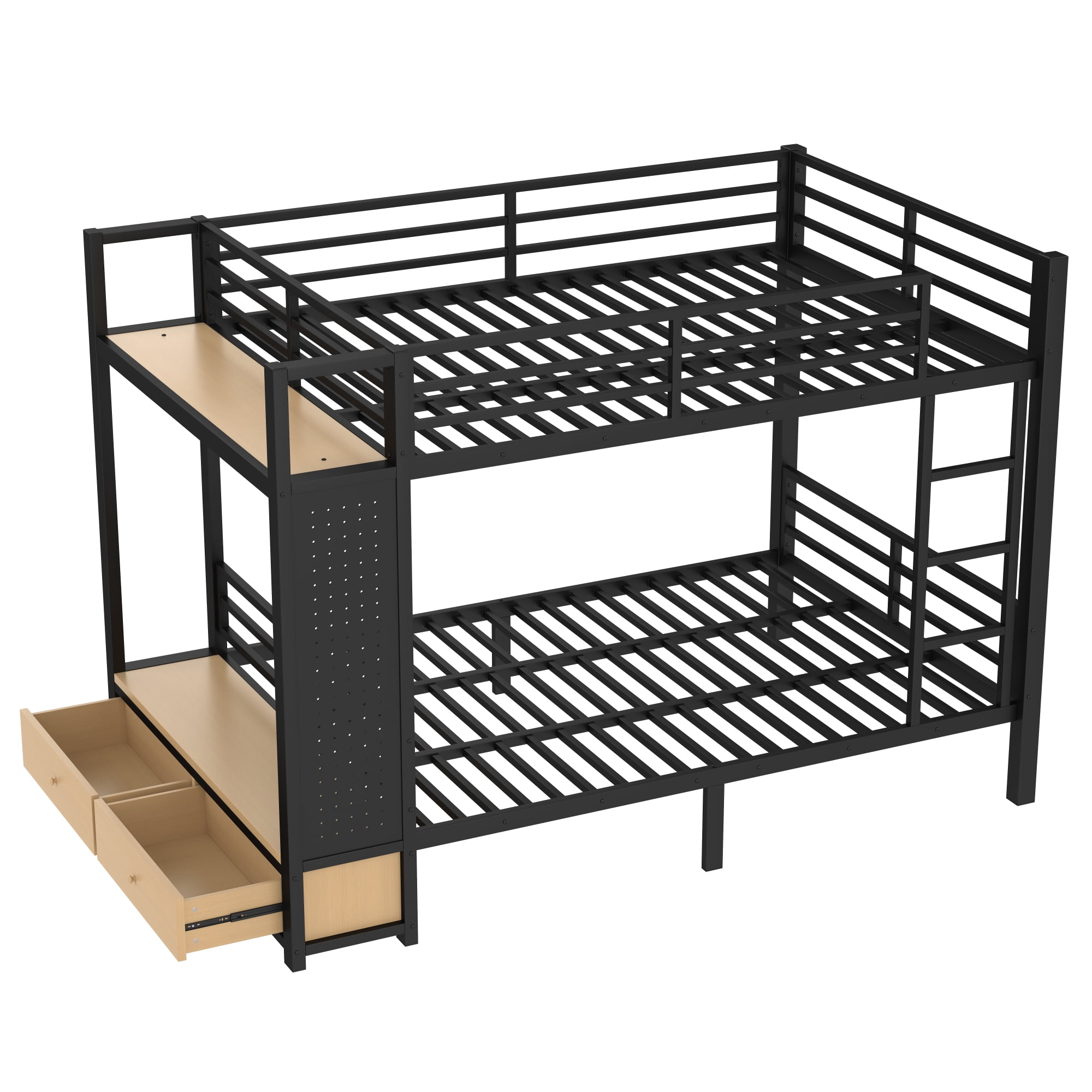 Leumius Full over Full Metal Bunk Bed with Built-in Wardrobe,Heavy Duty Loft Bed Frame with Storage Shelves,Drawers and Pegboard,Space-Saving,Black