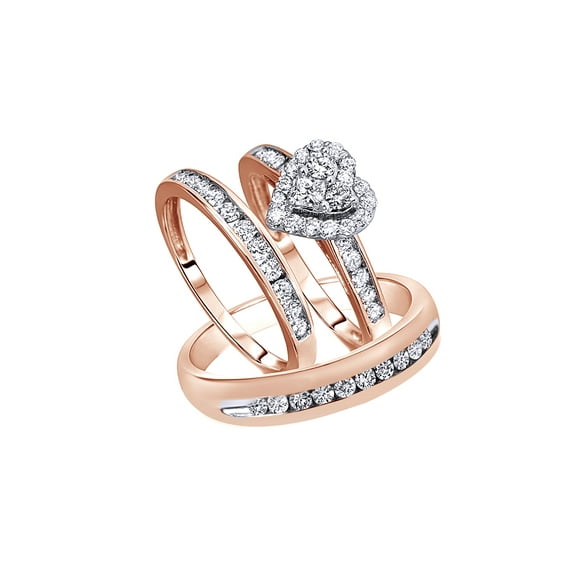 AFFY White Natural Diamond Heart Engagement & Wedding Trio Bridal Ring Set In 10k Rose Gold (1.2 Cttw)