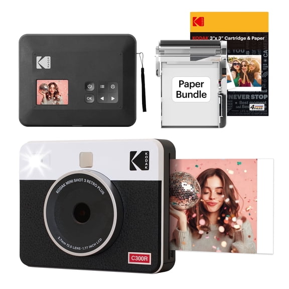 KODAK Mini Shot 3 Retro 4PASS 2-in-1 Instant Camera and Photo Printer (3x3 inches) 38 Sheets Bundle, White