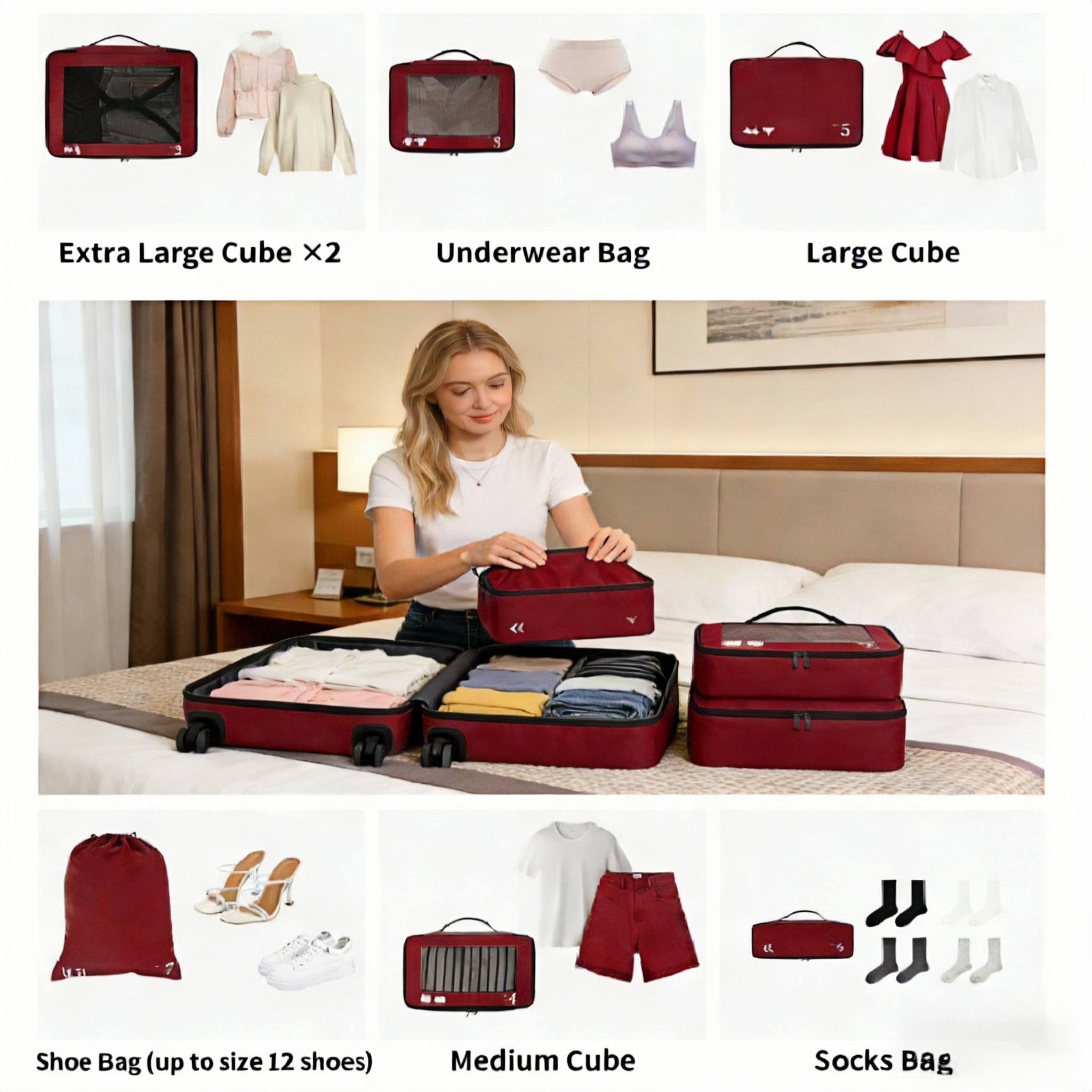WANDF 7 Set Compression Packing Cubes Travel Accessories,Tear-Resistant Luggage Packing Organizers with Number Icon, Machine Washable Suitcase Packing Cubes for Travel,Airplane,Camping(Red Bag)